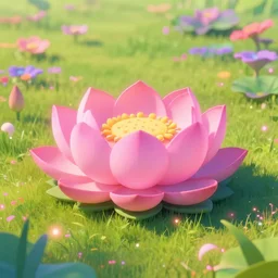 a huge lotus in the center of a meadow of various colors. bright sunny day, in the style of katamari damacy, scattered glowing pink fireflies, soft vaporwave liminal aesthetic. 3 d blender by tomer hanuka, greg rutkowski, beeple, sharp focus, digital painting, concept art