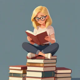 a young woman with blonde hair and glasses sits cross legged on top of a tall pile of books. she is reading. clean pretty cartoon painting, beautiful detailed face.
