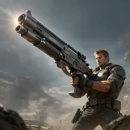 a man holding a massive gun, sci-fi concept art, photorealistic, featured on artstation, lens flare