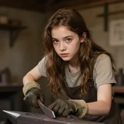 idealistic portrait of a young girl working in a blacksmith's forge, clear eyes, fair skin, beautiful hair, gloves, sweating, fantasy art, fire, 8 k digital art, unreal engine, far away, in the style of greg simkins and h. r. giger,