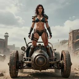 vertical movie frame with female warrior standing on steam punk buggy with wood wheels, hyperrealism, armor inspired by bikini and doom and fashion, symmetrical face, epic, award winning, establishing shot, fit body, blooded, extremely high detail, photorealistic, brutal, provocative, octane render, editorial, documentary photography