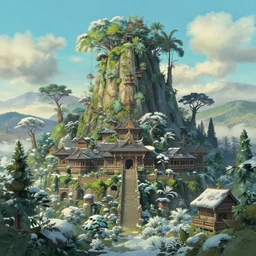jungle temple in the mountains, winter scene, studio ghibli, unreal engine recreation, ray tracing, desktop wallpaper, 4 k