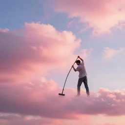a man vaccuming up the sky, beautiful, pink clouds illuminated by the sun, in the style of craig mullins
