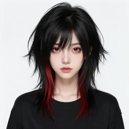 a pale emo girl with medium messy black hair, a red streak, soft facial features, bangs covering an eye, 2 0 0 8, myspace photo
