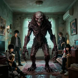 hyperrealistic cinestill of creepy monster entity creature designed by guillermo del toro, michael hutter, kentaro miura, junji ito, gantz, hideo kojima, weirdly inside toronto apartment. colorized. scp historical archives. david lynchian atmosphere. deep aesthetics of weirdcore