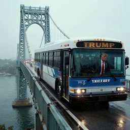 zombie trump driving a bus off the side of the george washington bridge. scene from die hard. film grain. rain. closeup on trump