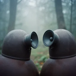 a lomography photo of rumble between two siren - head in foggy forest this morning, bokeh,