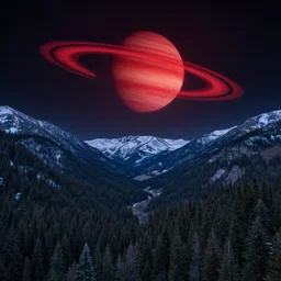 A forested valley surrounded by snow-capped mountains at night, a ringed red gas giant in the sky, brightly-lit, no clouds
