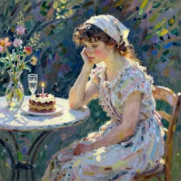 a girl with a white headkerchief sitting alone on a birthday table looking sad by monet