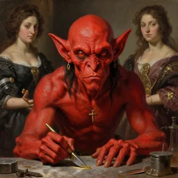 portrait of red - skinned goblin goldsmith, illustration concept trending pixiv fanbox by wlop and greg rutkowski and caravaggio and rosa bonheur, and william harnett, hyperrealism art