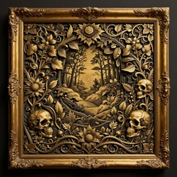 a illustration fantasy wood frame engraving with extreme intrincate details, golden border highly detail ornaments art by fantasy style, centered, facing shot, leaves, flowers, skulls and intertwined vines, symmetry