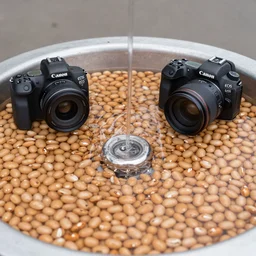 Water fountain filled with baked beans, Canon EOS R3, f/1.4, ISO 200, 1/160s, 8K, RAW, unedited, symmetrical balance, in-frame