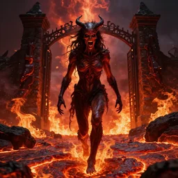 ( a screaming humanoid nightmare walks on lava towards the gates of hell ) by barlowe wayne, photorealistic, dynamic lighting, very detailed faces, trending on artstation, wallpaper, dream, 4 k, award winning, vivid colors, beautiful fire