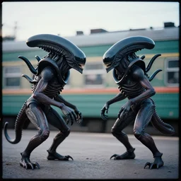 a lomography photo of rumble between two xenomorphs in soviet train this morning, bokeh,