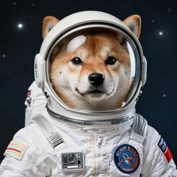Shiba Inu cosmonaut wearing helmet,  60s space mission patch
