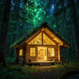 portrait of an ethereal log cabin made of golden light, evergreen forest made of green and blue light, divine, cyberspace, mysterious, dark high-contrast concept art