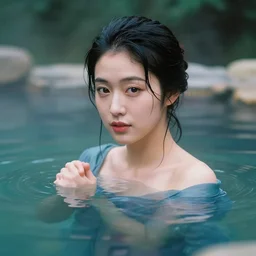 beautiful japanese woman in a hot spring, nadescio rin, drab blue greens, dark greens, highly detailed, award winning