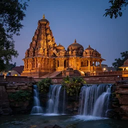 ancient india with ornate temples, waterfalls, and fireflies