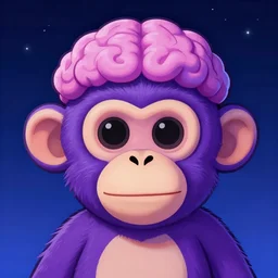 a chill frontal portait drawing of a small cute purple monkey with a crazy brain cap by inio, beeple and james jean, aya takano color style, trippy, 8 k, super detailed, night sky, digital art, digital painting, clean