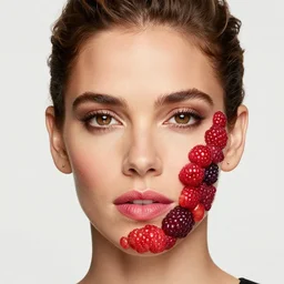 halle berry's face made of different color berries