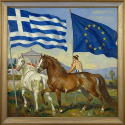 the fourth estate, oil on canvas painting, by giuseppe pellizza da volpedo, with greeceland and europe flags in the background