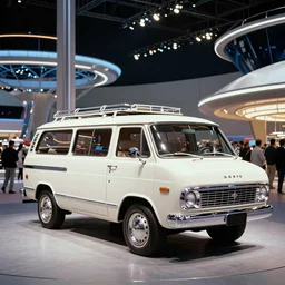 retrofuturistic gm oldsmobile space offroad van of the future inspired by streamlined spaceship design, designed by Gordon Buehrig, 1960s american world's fair, press photograph