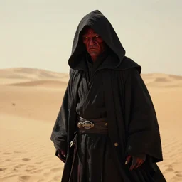 Yoda from Starwars as a hooded dark Sith Lord with black and red skin, in the desert, cinematic