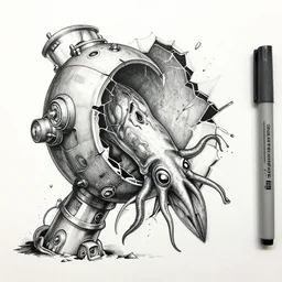 a perfect fine art jet black fineliner marker drawing of a machine that will take a man into the psyche of a squid via a shattered dimension. pure agony