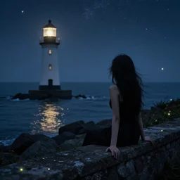 gothic. woman sitting on wall looking at the ocean. lighthouse. stars. fireflies.