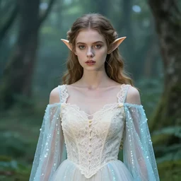 a beautiful girl wearing fairy dress with cream lace bodice with sleeves of sheer pale blue sequins photographed in a mystical magical ethereal forest, elf, photograph in the style of mario testino
