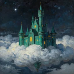 dark teal castle floating on a cloud, stars in the distance, fantasy realm, golden windows, beautiful, painting by Thomas kincade