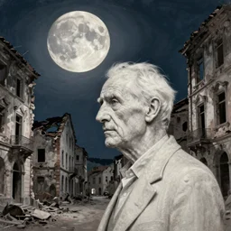 old white - headed man under the huge moon on a street of ruined city by beksinski and takato yamamoto and austin osman spare, very coherent, baroque elements