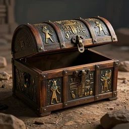 a mysterious casket with weird pseudoegyptian symbols all around it, slightly opened, digital fantasy art, intricate details