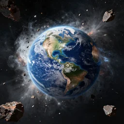 A cosmic collision destroys the planet Earth, the shockwave sends rubble and meteorites streaking through the unforgiving void
