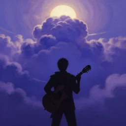 A slightly silhouetted figure of a man with a guitar, clouds that look like mountains high in the sky, the clouds are a deep blue purple color with the sun blazing behind the clouds, deep focus, D&D, fantasy, intricate, elegant, highly detailed, digital painting, artstation, oil paint, matte, sharp focus, illustration, hearthstone, art by Ivan Aivazovsky