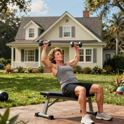 muscular betty white bench pressing a house, strong, cinematic, working out