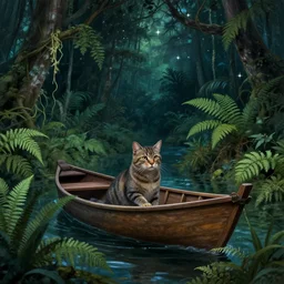 cat in a boat, ferns, jungle, night, stars, highly detailed, unreal engine render concept art, style of howard arkley