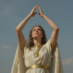 incan female priest starring at the sky, with arms up, praying at the sky, realistic face, matte painting, fantasy art