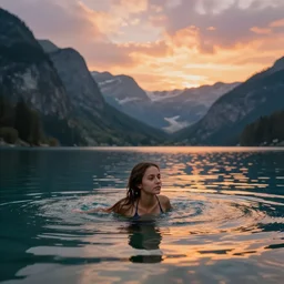 photorealistic photo of a beautiful girl swimming in a lake nestled among mountains in a stunning sunset.