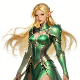 A blonde emerald warrior elf, illustration, in the style of Fernando Juarez, epic, fantasy, intricate, elegant, amazing detail, digital painting, artstation, concept art, smooth, sharp focus, illustration
