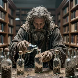 Library with multiverses in dusty glass bottles. God breaks the bottle. Digital art. Super detail, 4k, wow, artsition trending