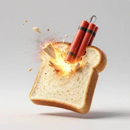 a photo of a piece of bread that has detonated and blown up to smithereens with dynamite, dramatic