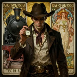 a dramatic moody symmetrical painting of a suspicious villainous handsome cowboy holding a pocketwatch | his shirt is ripped open | background is a train locomotive | tarot card, art deco, art nouveau, steampunk | by Alphonse Mucha, by Walter Crane, by Mark Maggiori | trending on artstation