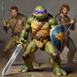 a teenage mutant ninja turtle as a d & d style fighter with a sword and shield, highly detailed painting by gaston bussiere, craig mullins, j. c. leyendecker, 8 k