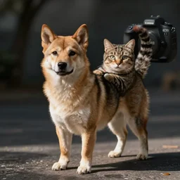 a realistic catdog with the front being a dog and the back is a cat. photography taken with a Canon EOS 5D Mark IV