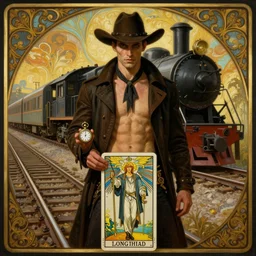 a dramatic ethereal epic symmetrical painting of a handsome villainous cowboy standing in front of railroad tracks with a train locomotive | he is shirtless and wearing a jacket and he has a pocketwatch | tarot card, art deco, art nouveau, (steampunk), homoerotic, realistic | by Mark Maggiori and ((Alphonse Mucha)) | trending on artstation