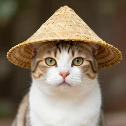A cat wearing vietnamese straw hat