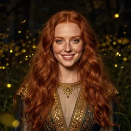 a happy a young woman wearing a sophisticated dress, among the lights of golden fireflies and nature, long loose red hair, intricate details, green eyes, freckles on the nose, round gentle smiling face, golden ratio, high contrast, photorealistic digital art by artemisia lomi gentileschi and caravaggio and artgerm.