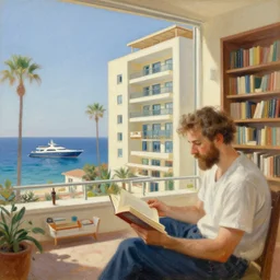 a apartment is a thinking machine configurating the owners dream of a yacht on the egyptian seaside of alexandria, painting by claude loraine, reading a book about mediterian architecture borrowed from the peach library