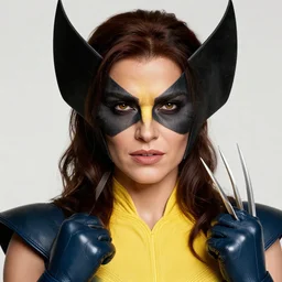 beautiful female classic wolverine, claws, detailed perfect face, exquisite details, high quality, intricate clothing, marvel comics, x - men, yellow and blue suit, mid view, pose, manor background, by studio muti, greg rutkowski makoto shinkai takashi takeuchi studio ghibli